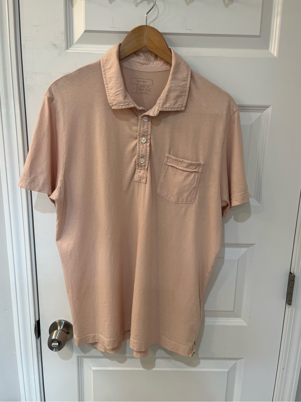 Billy Reid Polo Shirt Men’s Pale Pink Organic Cotton Short Sleeve Pocket Sz. L